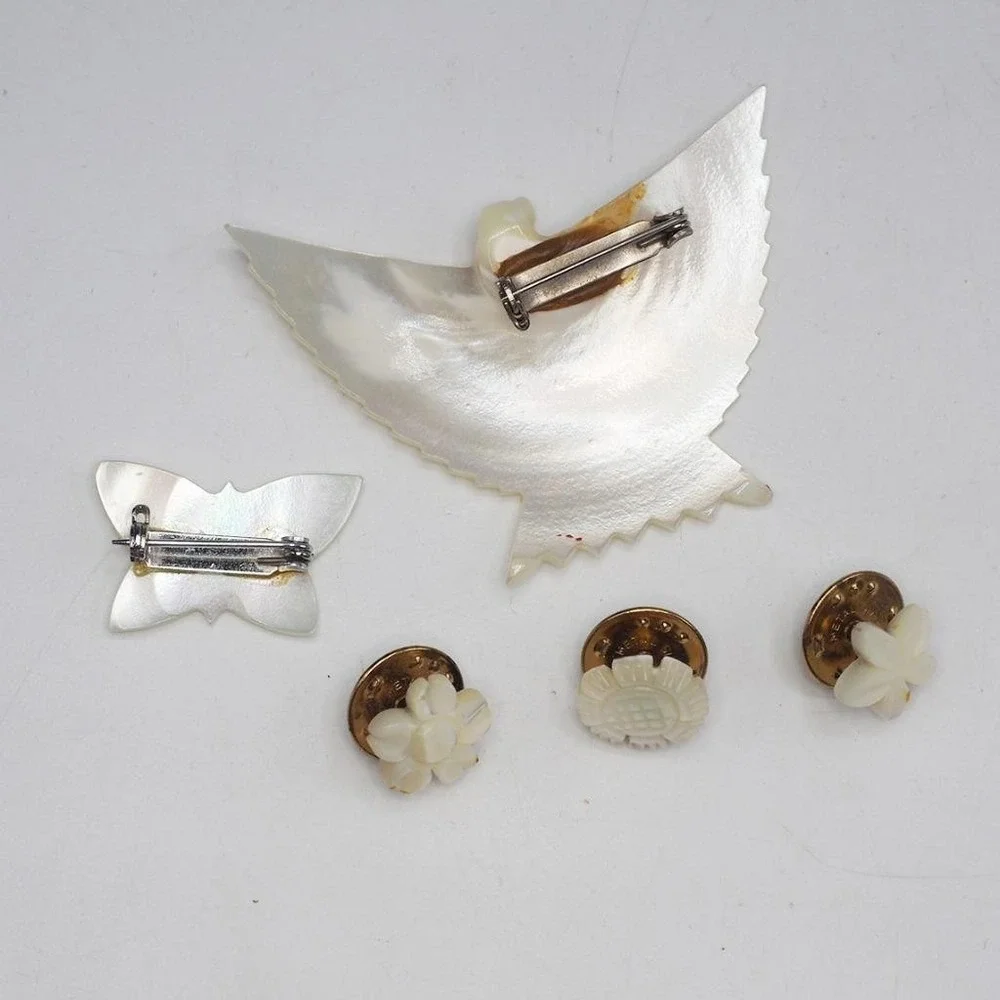 Vintage Carved Mother of Pearl Shell Jewelry Lot Bird Butterfly Flower Brooches